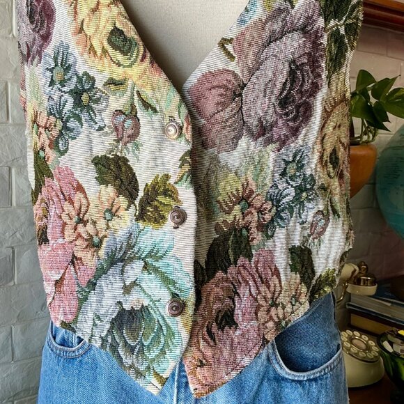Vintage Huntington Ridge Classic 1990s Floral Tapestry Tie Back Vest Cottagecore - Picture 5 of 13